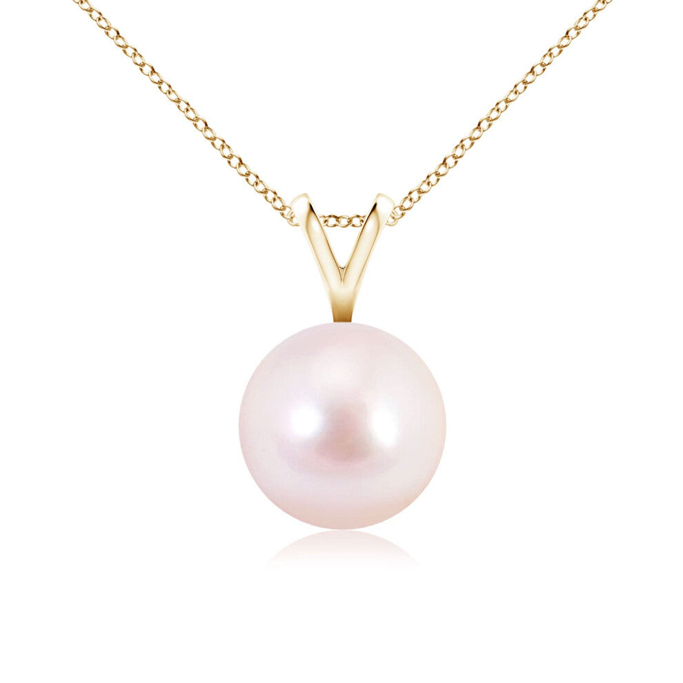 (14ct Yellow Gold, Size: 8mm | Grade: AAAA) Angara Natural Japanese Akoya Pearl Solitaire V-Bale Pendant