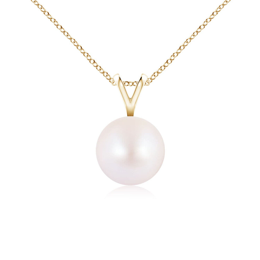 (9ct Yellow Gold, Size: 7mm | Grade: AA) Angara Natural Japanese Akoya Pearl Solitaire V-Bale Pendant