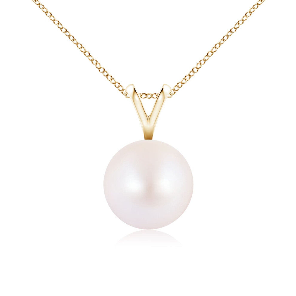 (9ct Yellow Gold, Size: 8mm | Grade: AA) Angara Natural Japanese Akoya Pearl Solitaire V-Bale Pendant