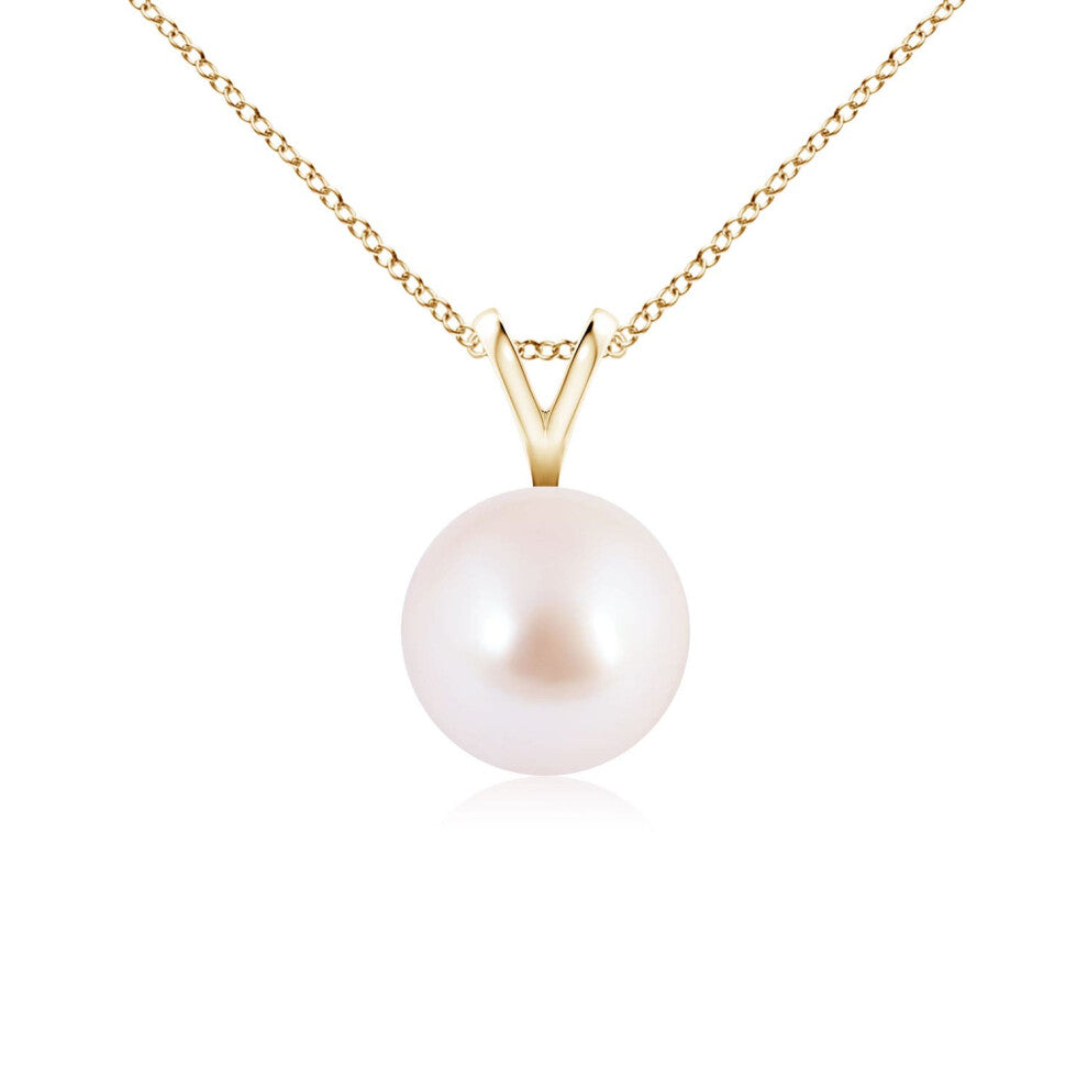 (9ct Yellow Gold, Size: 7mm | Grade: AAA) Angara Natural Japanese Akoya Pearl Solitaire V-Bale Pendant