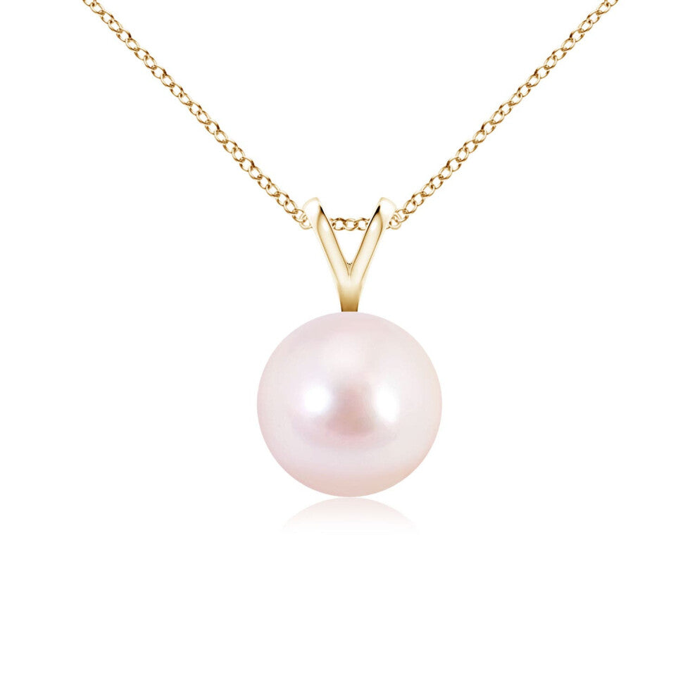 (9ct Yellow Gold, Size: 7mm | Grade: AAAA) Angara Natural Japanese Akoya Pearl Solitaire V-Bale Pendant