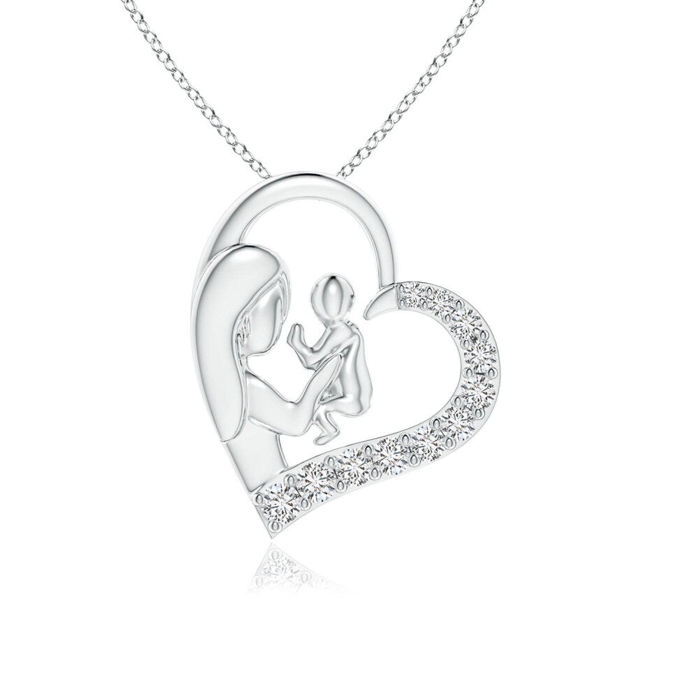 (14ct White Gold, Size: 1.5mm | Colour: H | Clarity: SI2) Angara Natural Diamond Heart Mother & Baby Pendant