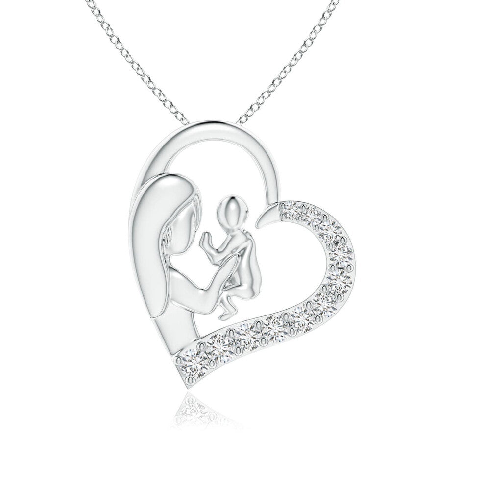 (14ct White Gold, Size: 1.75mm | Colour: H | Clarity: SI2) Angara Natural Diamond Heart Mother & Baby Pendant