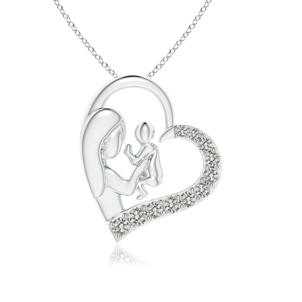 (14ct White Gold, Size: 1.75mm | Colour: K | Clarity: I3) Angara Natural Diamond Heart Mother & Baby Pendant