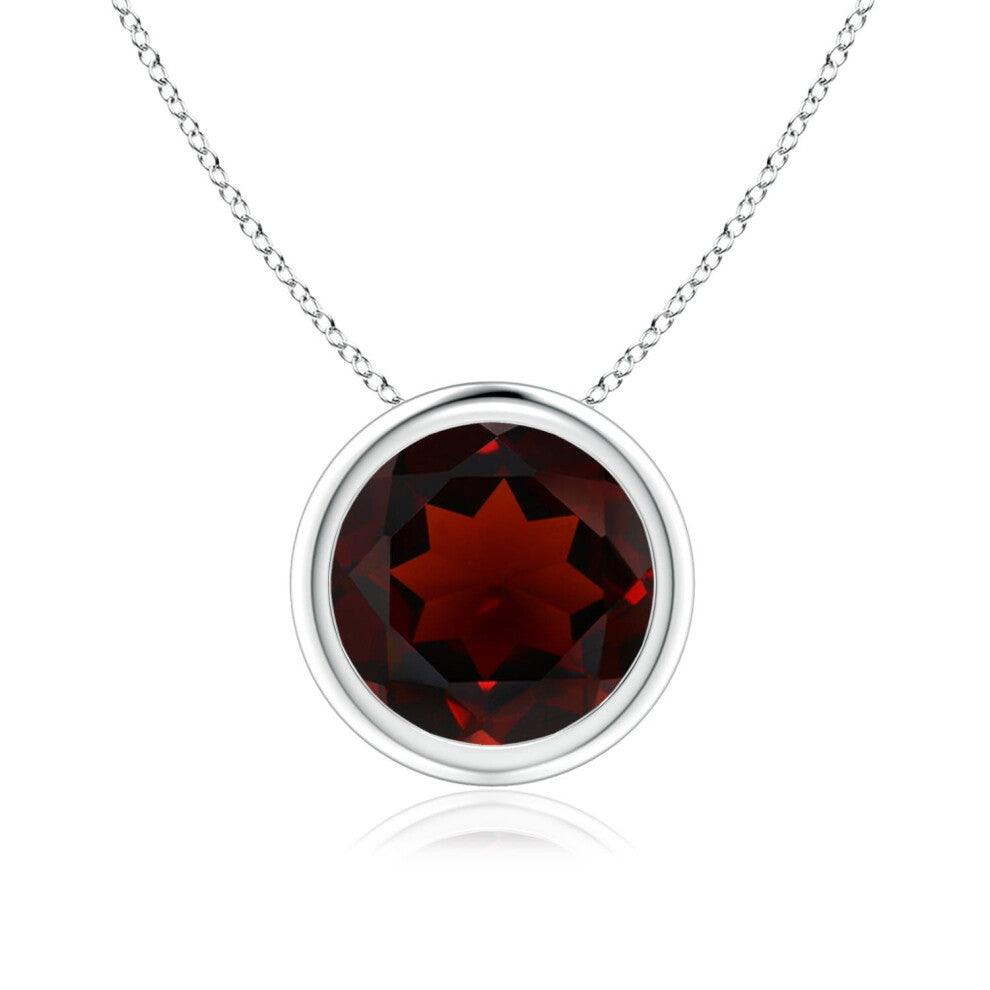 (9ct White Gold, Size: 8mm | Grade: AA) Angara Natural Bezel-Set Round Garnet Solitaire Pendant