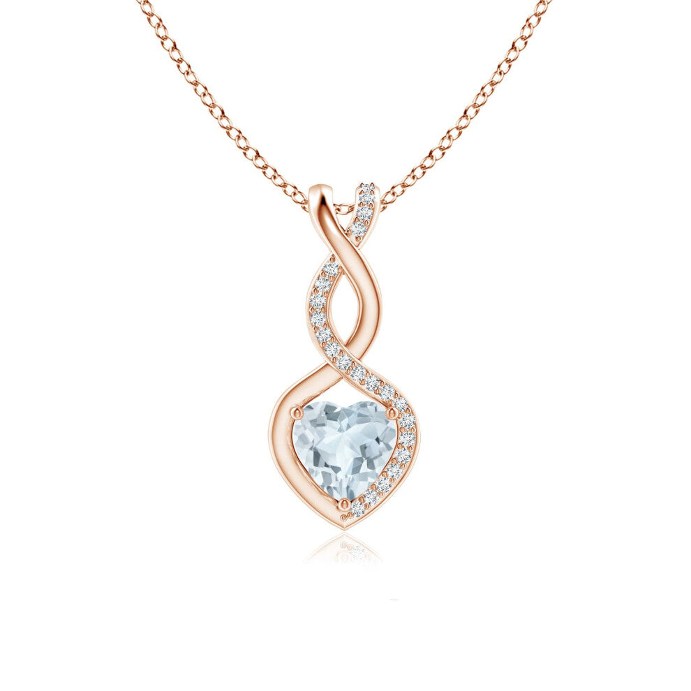 (14ct Rose Gold, Size: 6mm | Grade: A) Angara Natural Aquamarine Infinity Heart Pendant with Diamonds