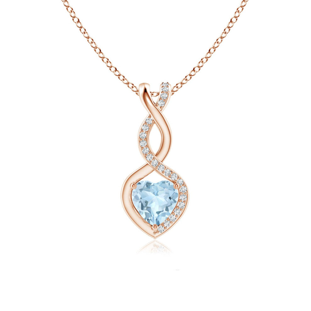 (14ct Rose Gold, Size: 6mm | Grade: AA) Angara Natural Aquamarine Infinity Heart Pendant with Diamonds