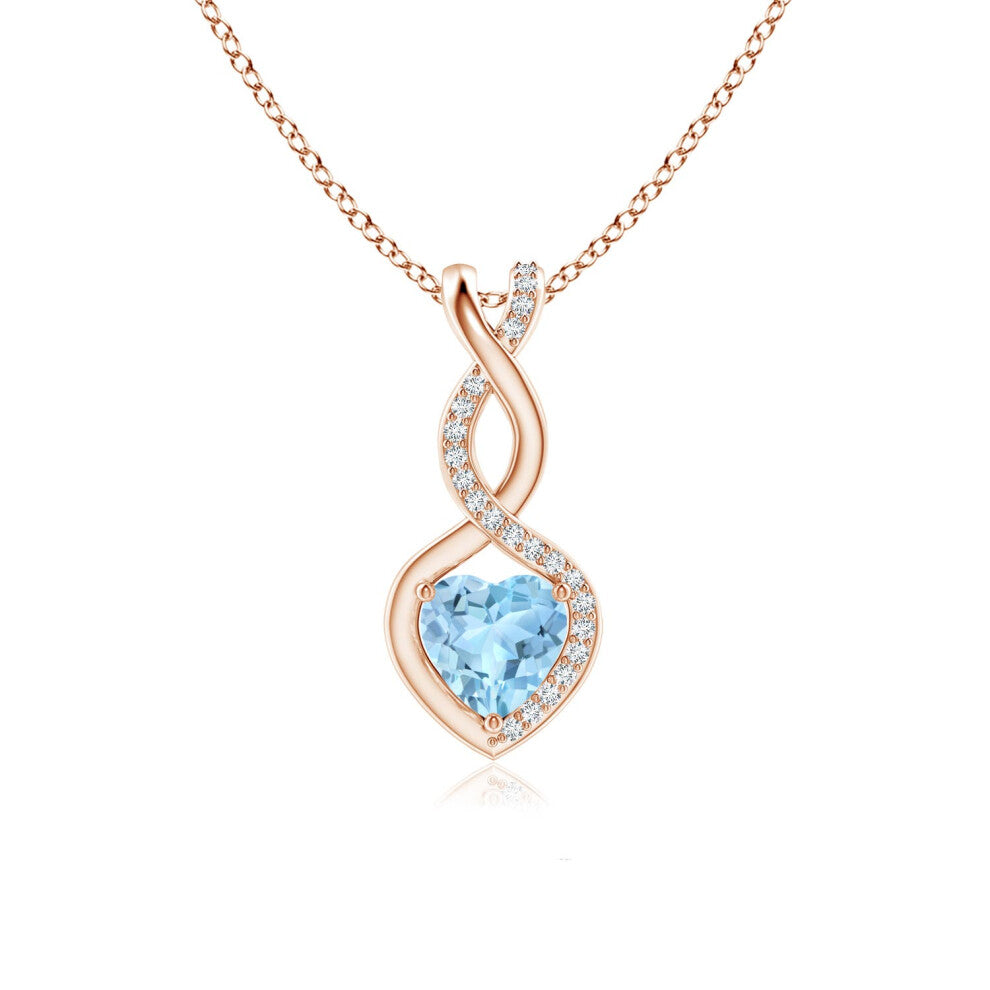 (14ct Rose Gold, Size: 6mm | Grade: AAA) Angara Natural Aquamarine Infinity Heart Pendant with Diamonds