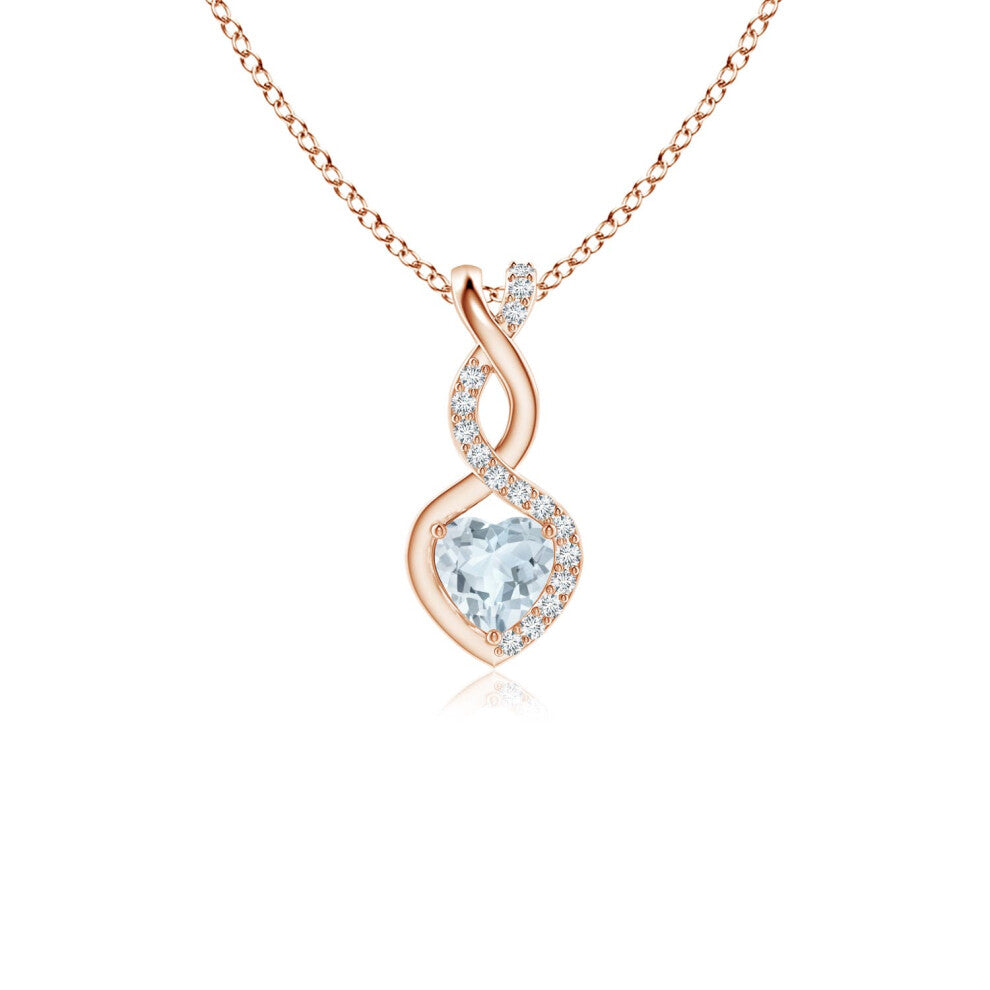 (9ct Rose Gold, Size: 4mm | Grade: A) Angara Natural Aquamarine Infinity Heart Pendant with Diamonds