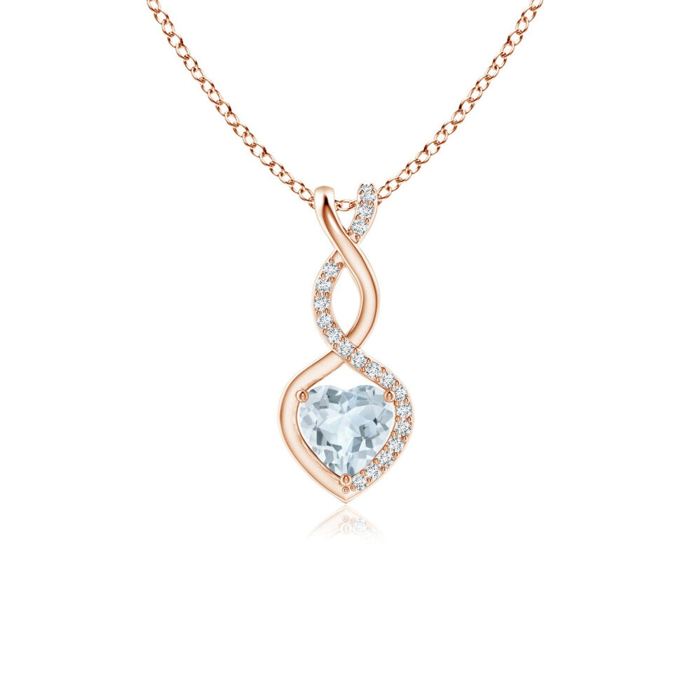 (9ct Rose Gold, Size: 5mm | Grade: A) Angara Natural Aquamarine Infinity Heart Pendant with Diamonds