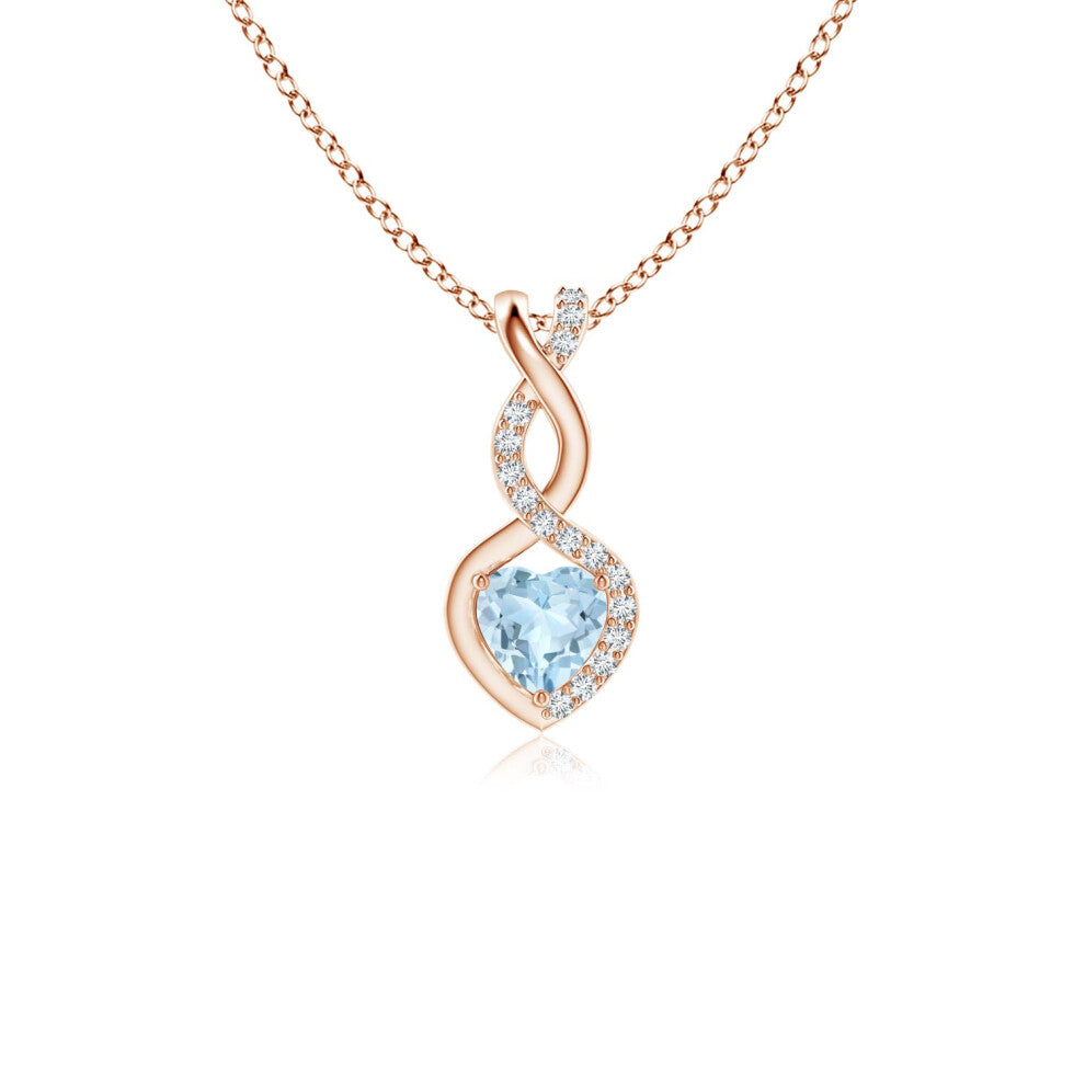 (9ct Rose Gold, Size: 4mm | Grade: AA) Angara Natural Aquamarine Infinity Heart Pendant with Diamonds