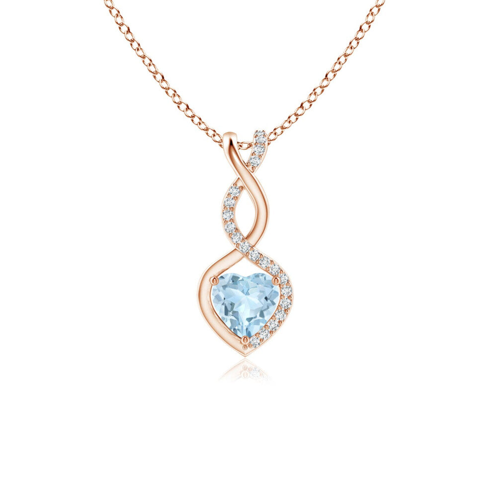 (9ct Rose Gold, Size: 5mm | Grade: AA) Angara Natural Aquamarine Infinity Heart Pendant with Diamonds