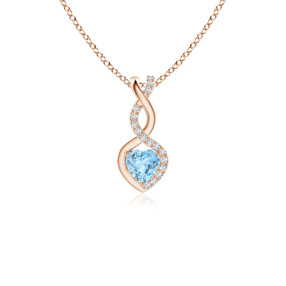 (9ct Rose Gold, Size: 4mm | Grade: AAA) Angara Natural Aquamarine Infinity Heart Pendant with Diamonds