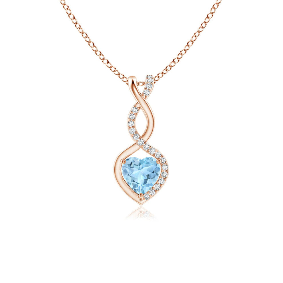 (9ct Rose Gold, Size: 5mm | Grade: AAA) Angara Natural Aquamarine Infinity Heart Pendant with Diamonds
