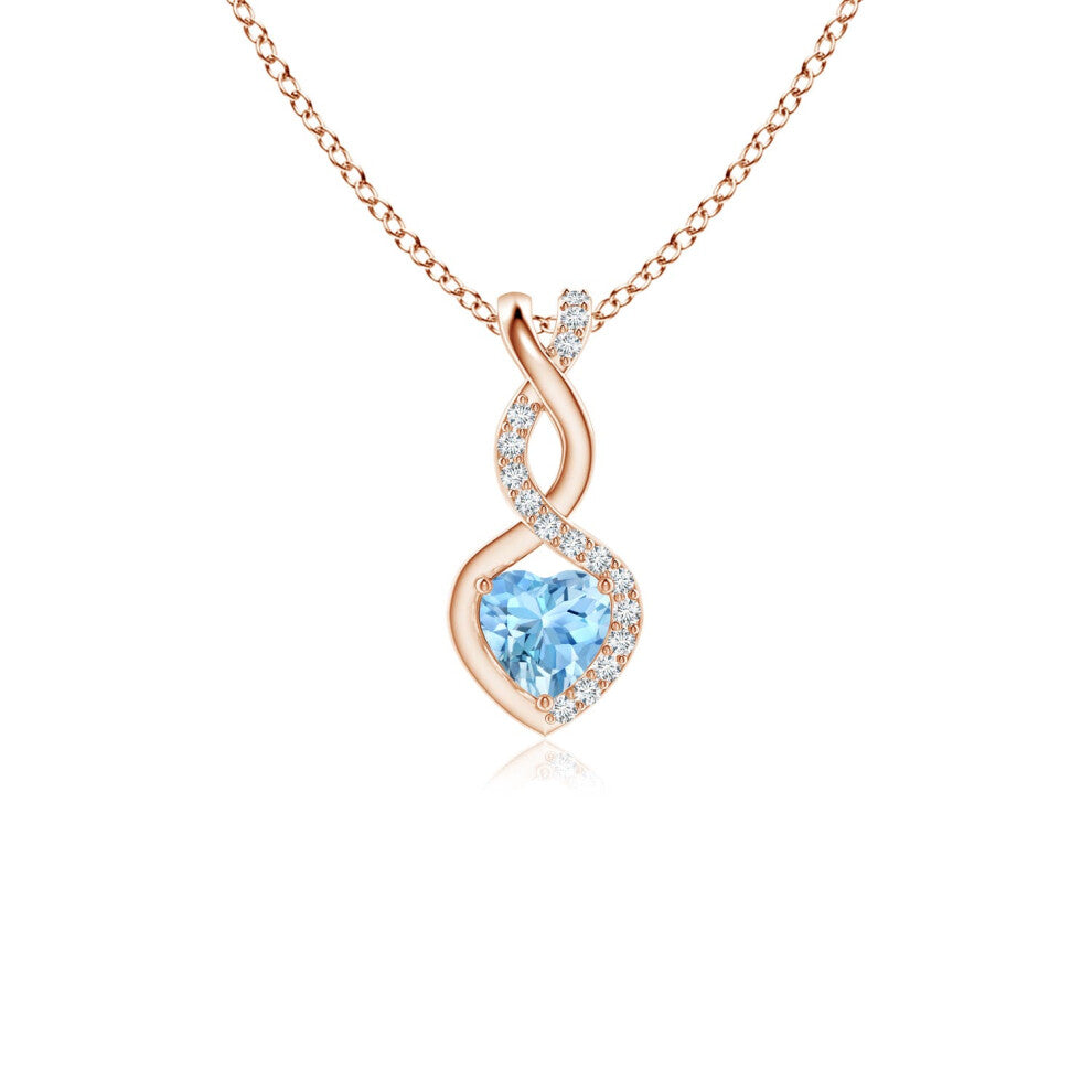 (9ct Rose Gold, Size: 4mm | Grade: AAAA) Angara Natural Aquamarine Infinity Heart Pendant with Diamonds