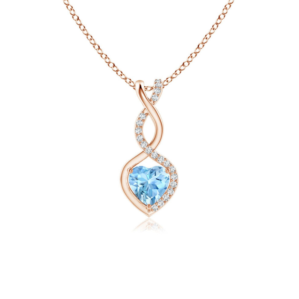 (9ct Rose Gold, Size: 5mm | Grade: AAAA) Angara Natural Aquamarine Infinity Heart Pendant with Diamonds