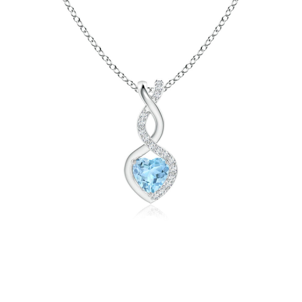(Sterling Silver, Size: 4mm | Grade: AAA) Angara Natural Aquamarine Infinity Heart Pendant with Diamonds