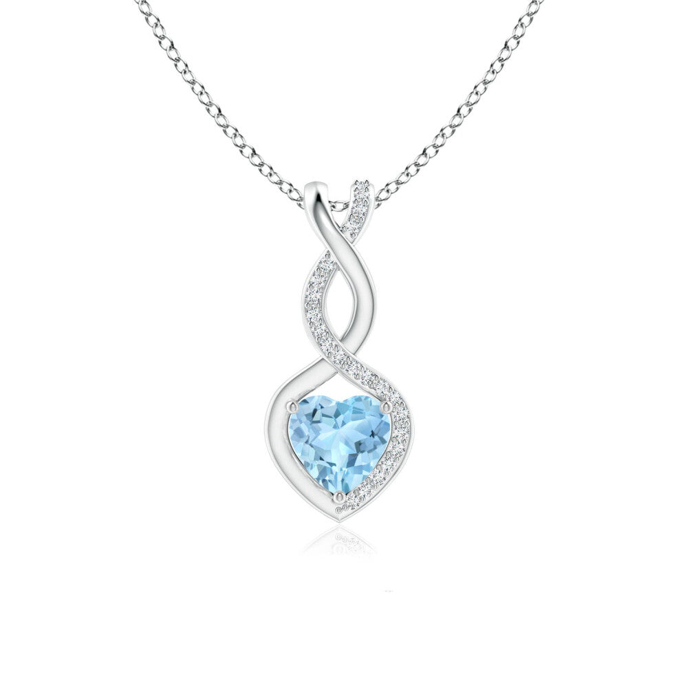 (Sterling Silver, Size: 6mm | Grade: AAA) Angara Natural Aquamarine Infinity Heart Pendant with Diamonds