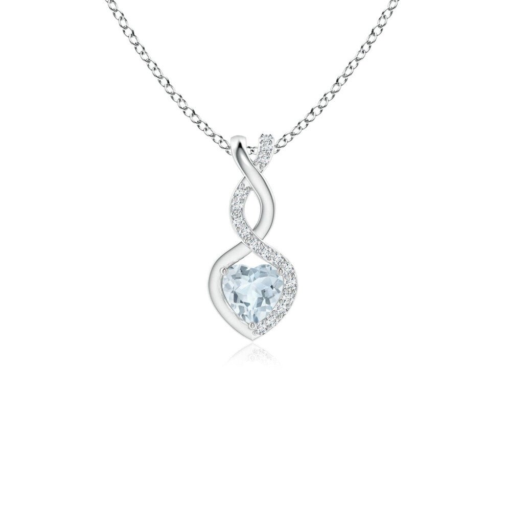 (14ct White Gold, Size: 4mm | Grade: A) Angara Natural Aquamarine Infinity Heart Pendant with Diamonds