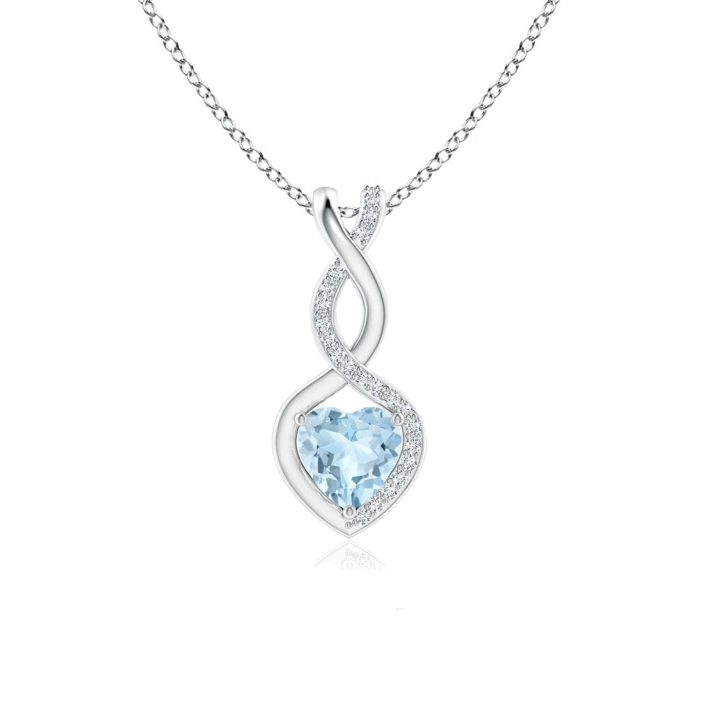 (14ct White Gold, Size: 6mm | Grade: AA) Angara Natural Aquamarine Infinity Heart Pendant with Diamonds