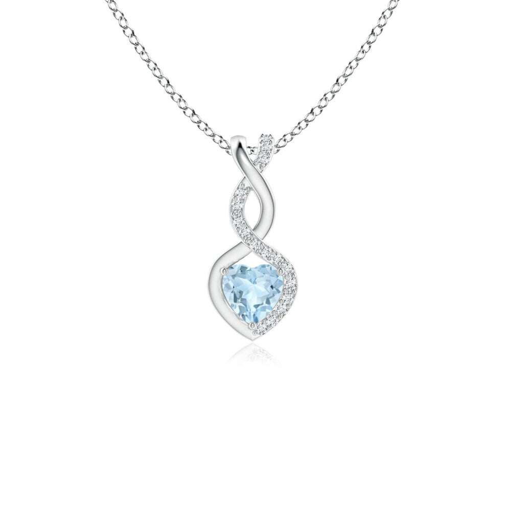 (9ct White Gold, Size: 4mm | Grade: AA) Angara Natural Aquamarine Infinity Heart Pendant with Diamonds