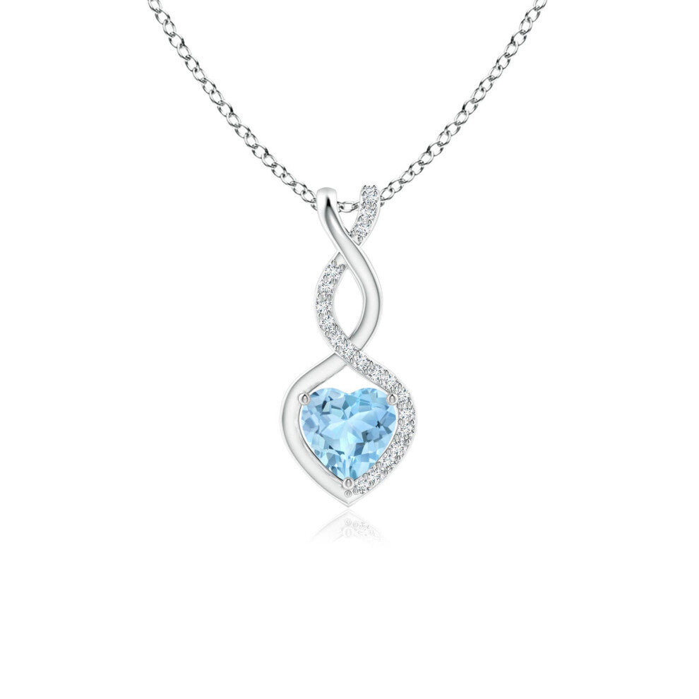 (9ct White Gold, Size: 5mm | Grade: AAA) Angara Natural Aquamarine Infinity Heart Pendant with Diamonds