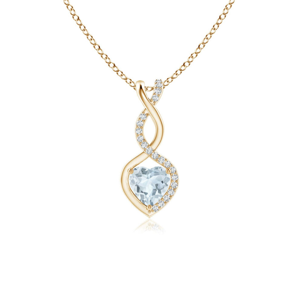 (14ct Yellow Gold, Size: 5mm | Grade: A) Angara Natural Aquamarine Infinity Heart Pendant with Diamonds