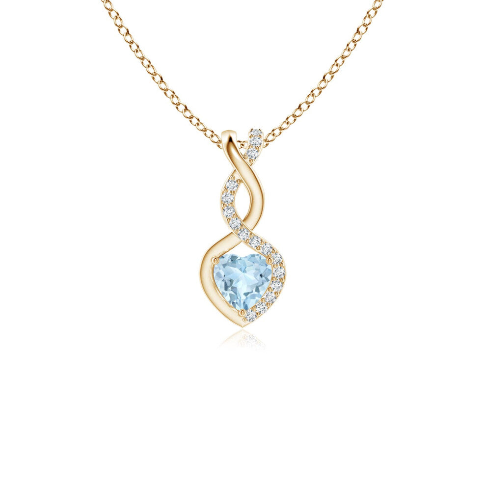 (14ct Yellow Gold, Size: 4mm | Grade: AA) Angara Natural Aquamarine Infinity Heart Pendant with Diamonds