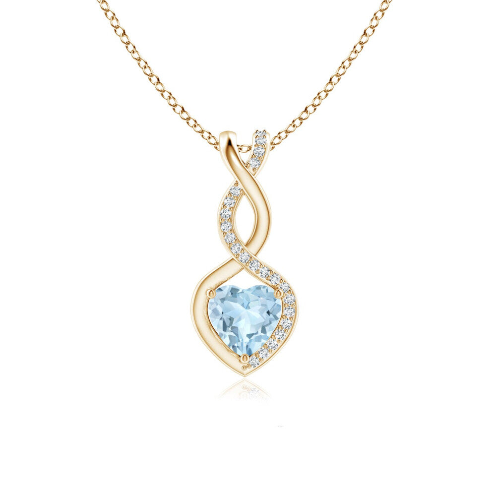 (14ct Yellow Gold, Size: 6mm | Grade: AA) Angara Natural Aquamarine Infinity Heart Pendant with Diamonds