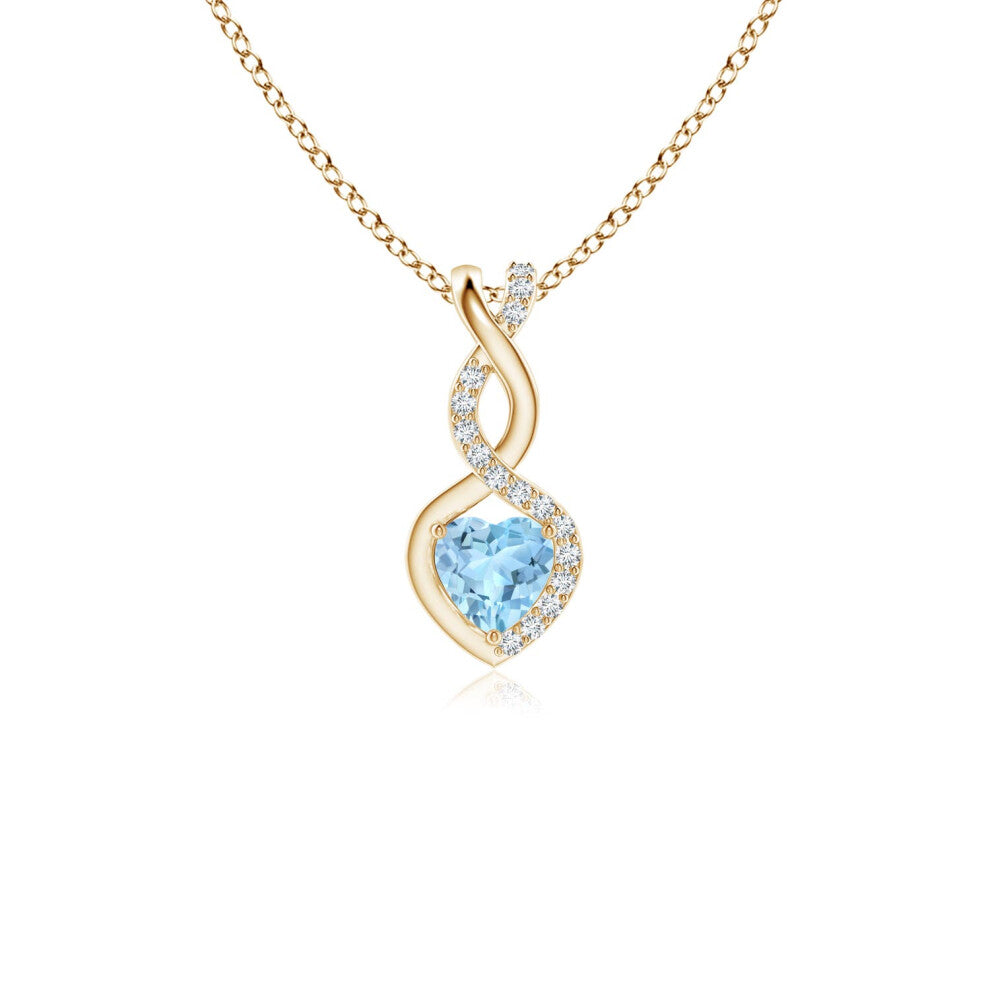 (14ct Yellow Gold, Size: 4mm | Grade: AAA) Angara Natural Aquamarine Infinity Heart Pendant with Diamonds