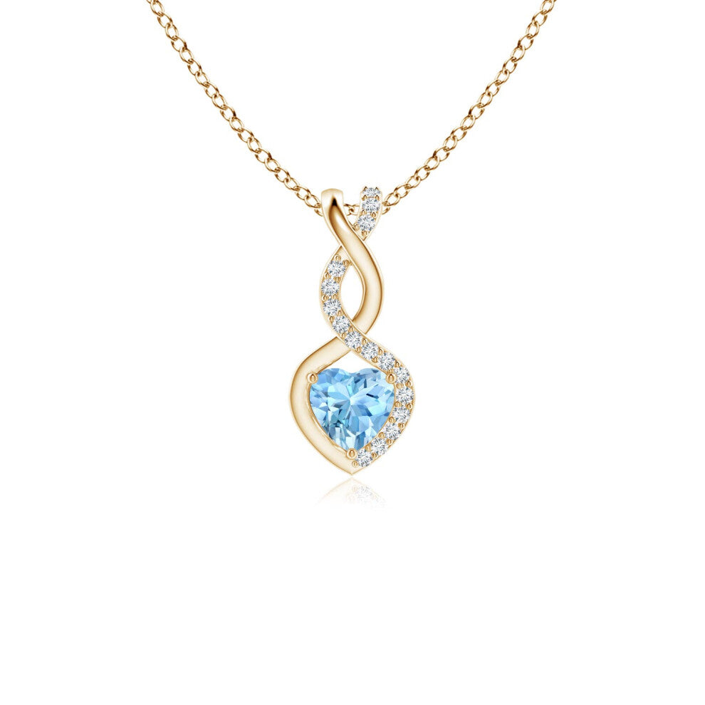 (14ct Yellow Gold, Size: 4mm | Grade: AAAA) Angara Natural Aquamarine Infinity Heart Pendant with Diamonds