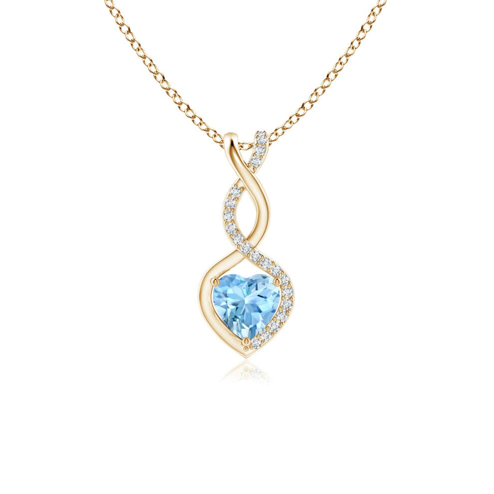 (14ct Yellow Gold, Size: 5mm | Grade: AAAA) Angara Natural Aquamarine Infinity Heart Pendant with Diamonds