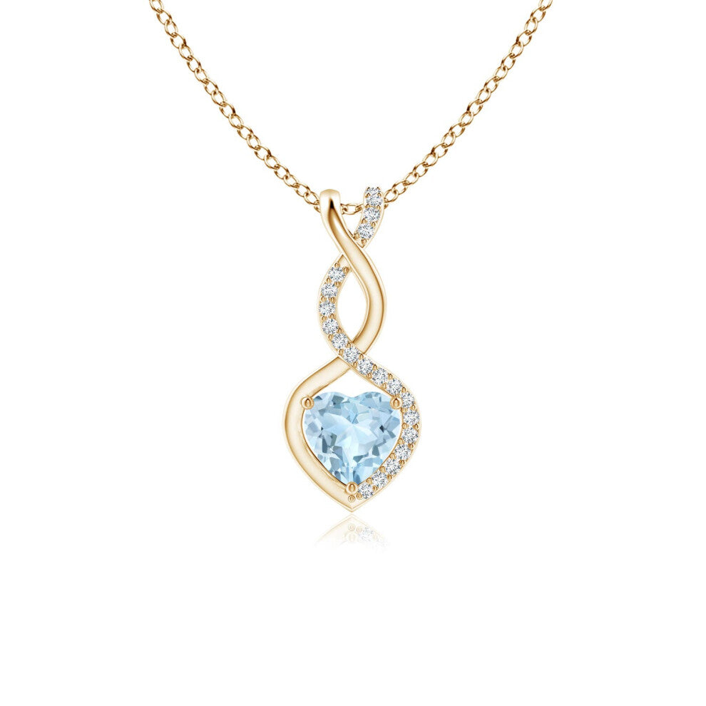 (9ct Yellow Gold, Size: 5mm | Grade: AA) Angara Natural Aquamarine Infinity Heart Pendant with Diamonds