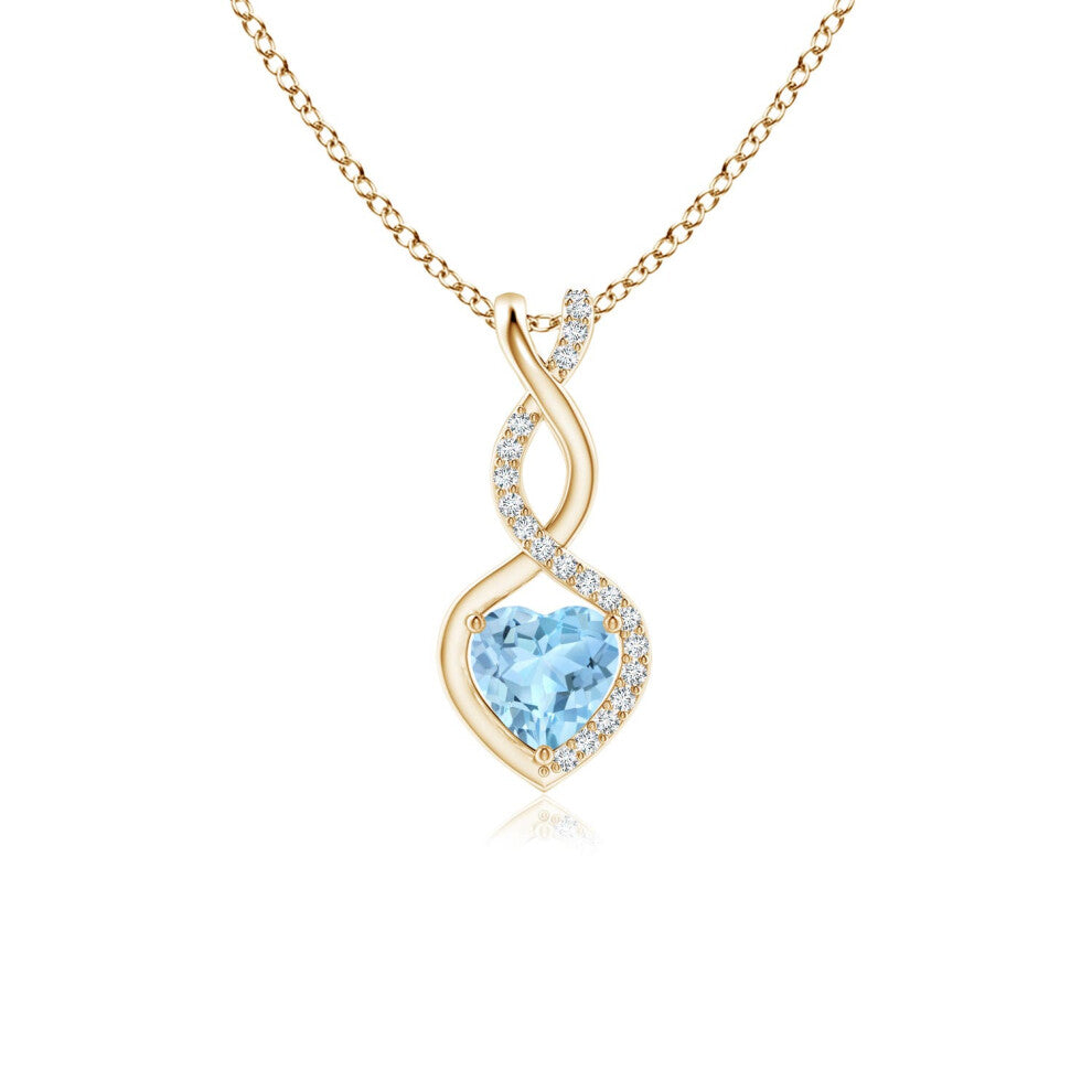 (9ct Yellow Gold, Size: 5mm | Grade: AAA) Angara Natural Aquamarine Infinity Heart Pendant with Diamonds
