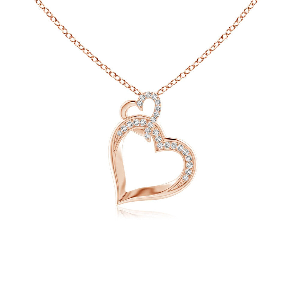 (14ct Rose Gold, Size: 0.9mm | Colour: H | Clarity: SI2) Angara Natural Interlinked Diamond Tilted Heart Pendant