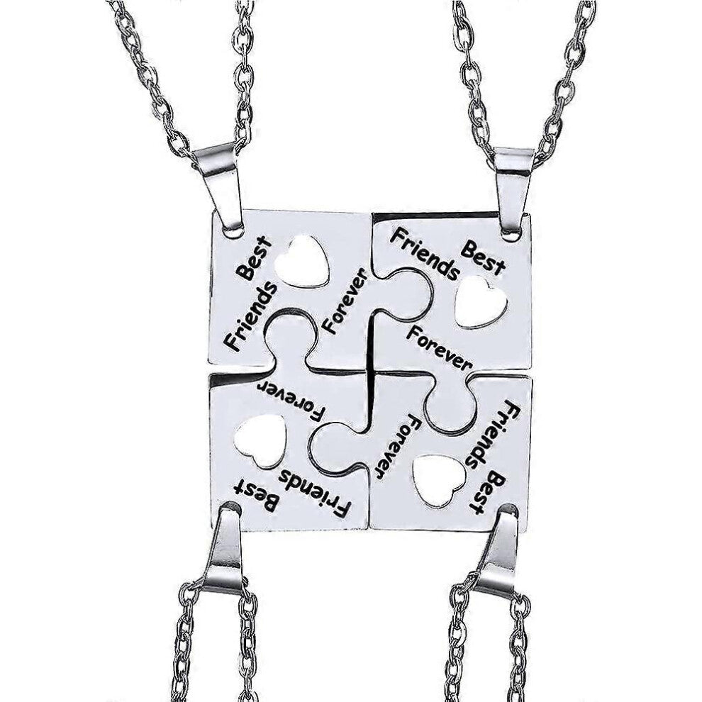 (As show, One size) HTOOO 4 Pcs Puzzle Best Friends Forever Necklaces Stainless Steel Engraved Heart & 3 Pcs Simple Bar BFF Pendant Set Friendship Nec