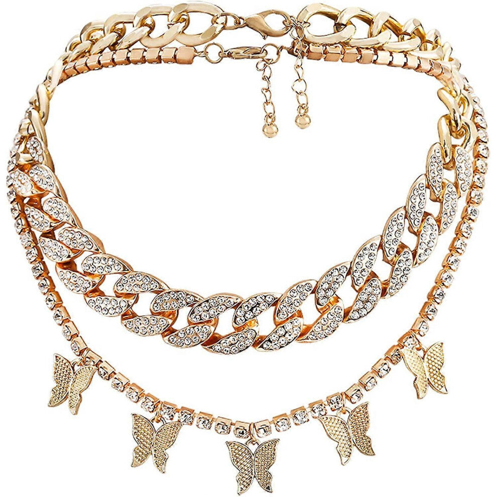 Heytea Cuban Link Chain for Women Butterfly Necklace Iced Out Zirconia Butterfly Pendant Hip Hop Choker Necklace for Women Girls - -