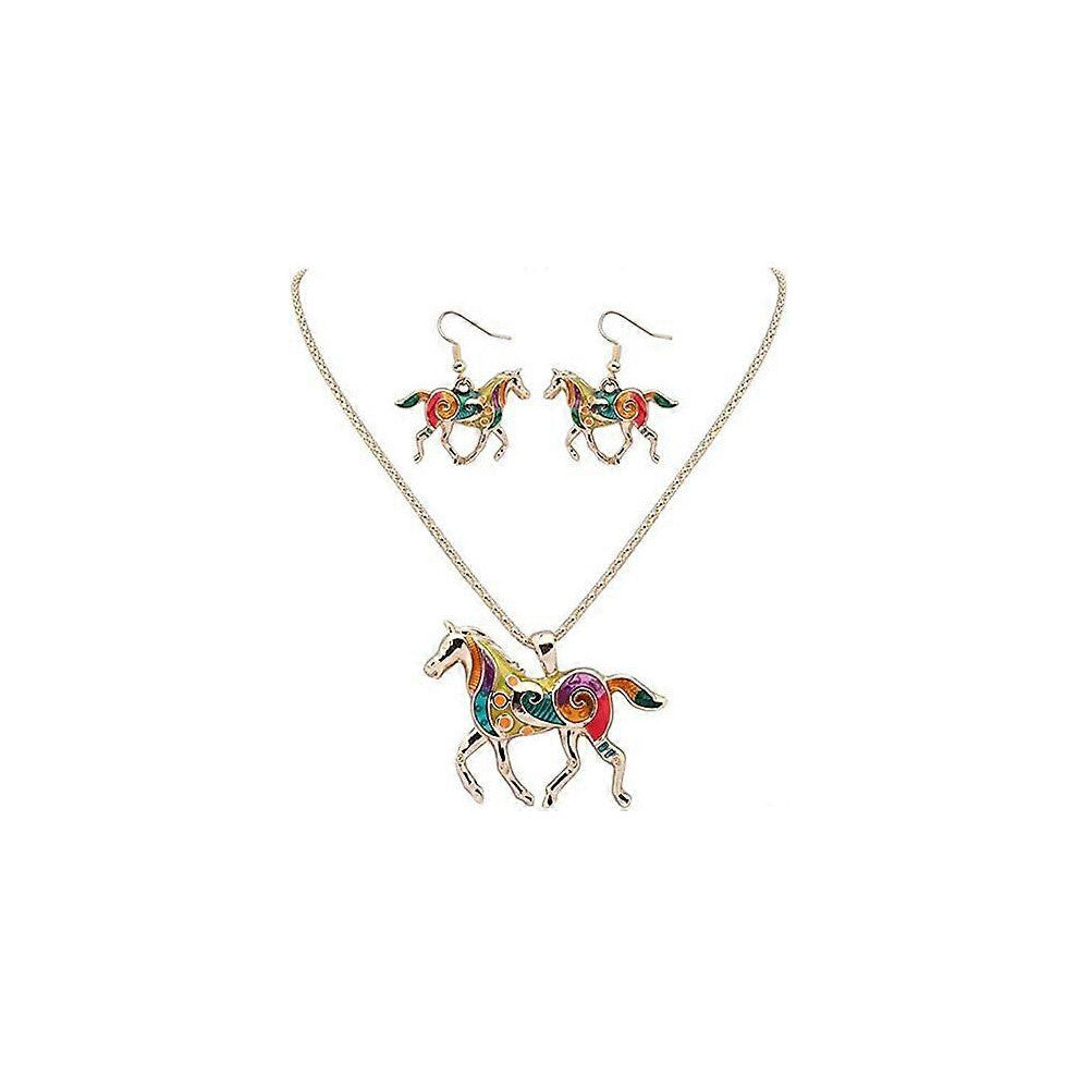 (As show, One size) Charms Enamel Rainbow Horse Pendant Necklace with Earrings Jewelry Sets