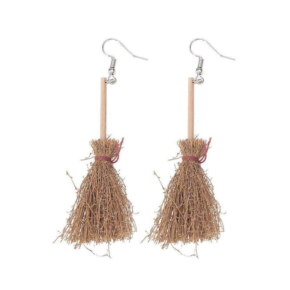 (As show, One size) A Pair of Witch Broom Earrings Halloween Funny Ear Hooks Natural Hand-woven Eardrop for women Girls