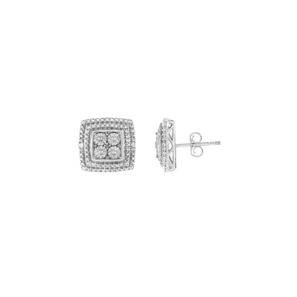 Infinite Jewels 70-4964WDM White .925 Sterling Silver Diamond Accented Square Shaped Milgrain Stud Earrings, I-J Clarity - I3 Color