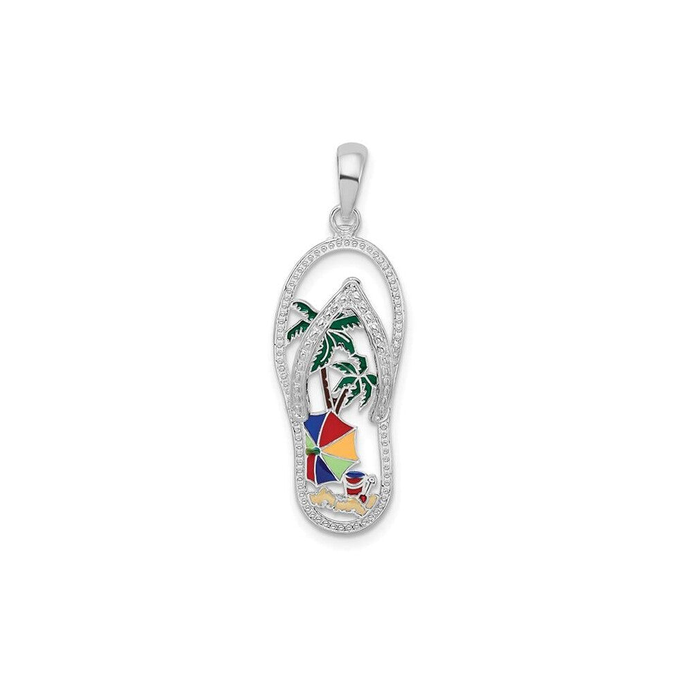 Finest Gold Sterling Silver Polished Enameled Beach Scene Flip-Flop Pendant