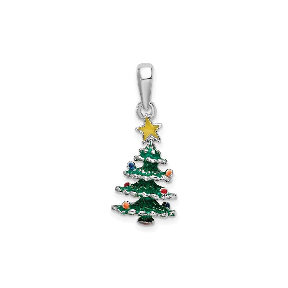 Finest Gold Sterling Silver Polished 3D Enameled Christmas Tree Pendant
