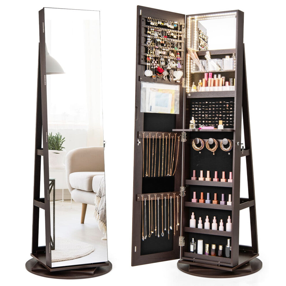 360Rotating Jewelry Armoire Standing Jewelry and Makeup Cabinet-Coffee