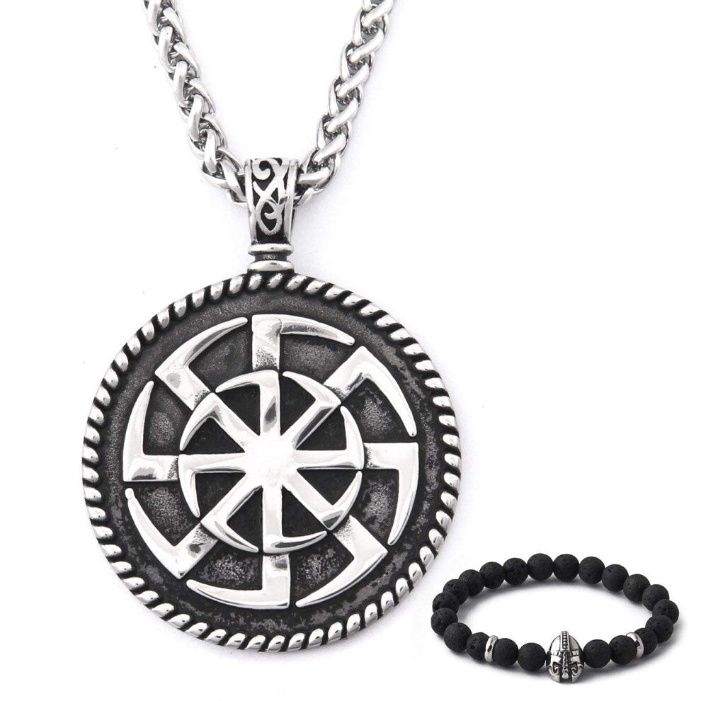 BAVIPOWER Viking Sun Wheel Shield Pendant Stainless Steel Keel Chain Norse Necklace For Men Women Nordic Pagan Jewelry Strong Protection