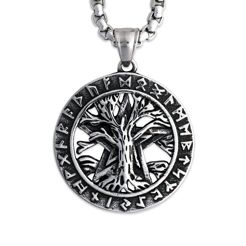 HAQUIL Viking Tree of Life Necklace  Stainless Steel Runes Yggdrasil Pentagram Medallion Pendant  Box Chain  Viking Jewelry Gifts for Men and Women