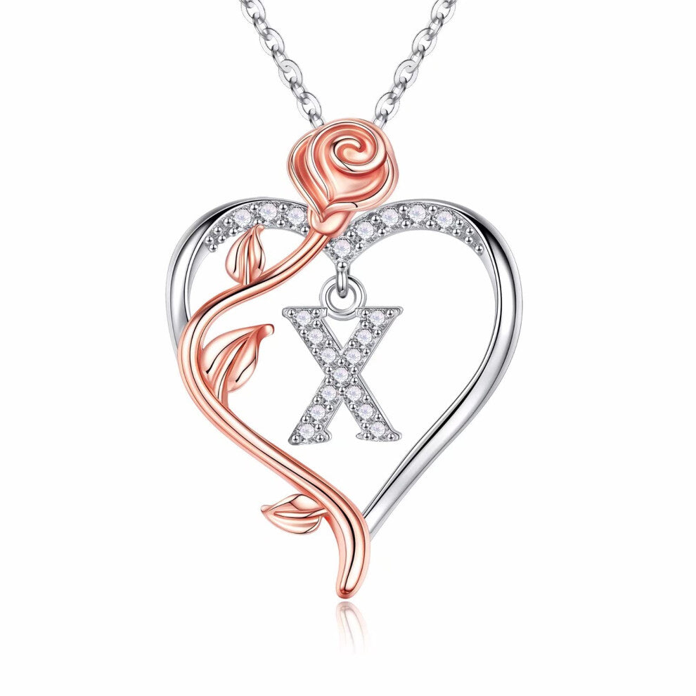 Iefil Sterling Silver Necklace for Women  I Love You Romantic Gifts for Her Rose Love Heart Initial X Letter Pendant Necklace Jewelry Mothers Day Vale