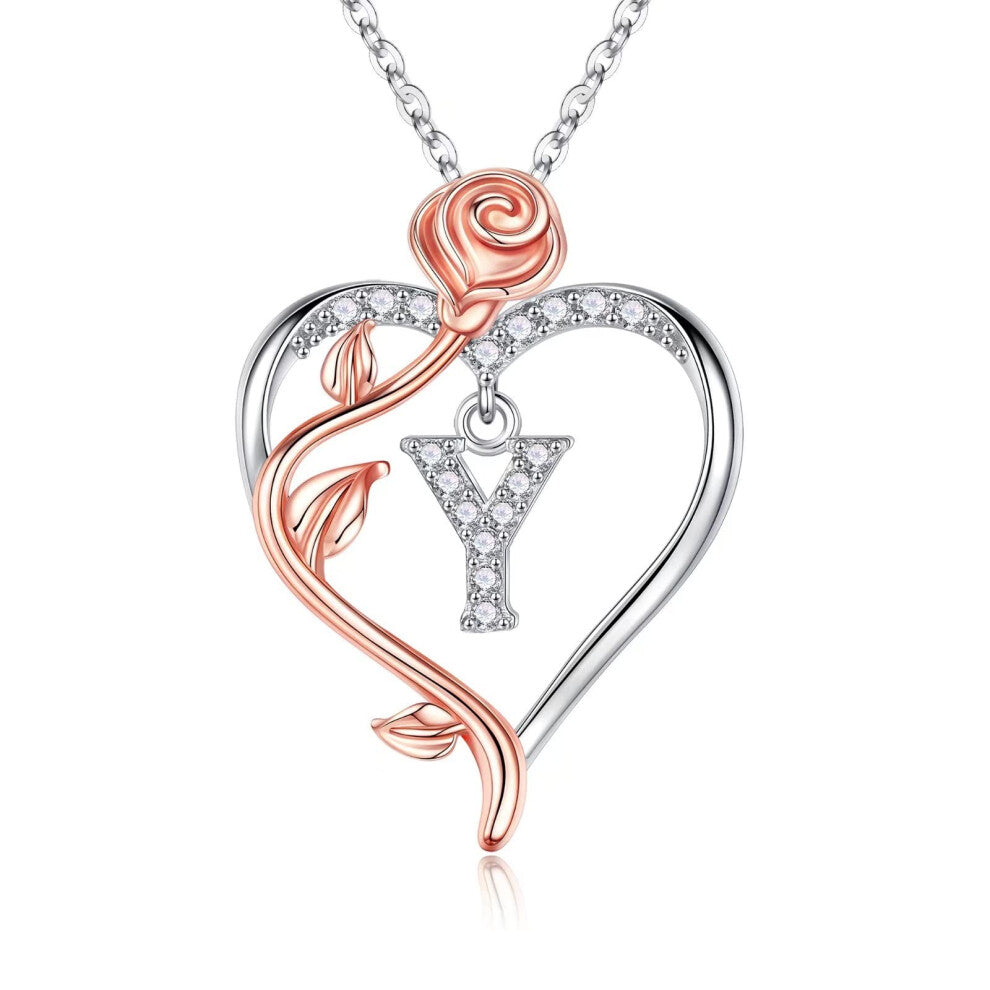 Iefil Sterling Silver Necklace for Women  I Love You Romantic Gifts for Her Rose Love Heart Initial Y Letter Pendant Necklace Jewelry Mothers Day Vale