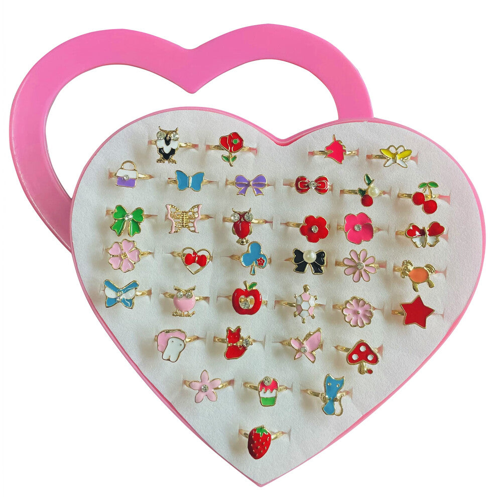 monochef 36pcs Little Girl Jewel Rings in Box Adjustable No Duplication Children Girls Kids Pretend Play Costume Princess Dress Up Jewelry Rings Party