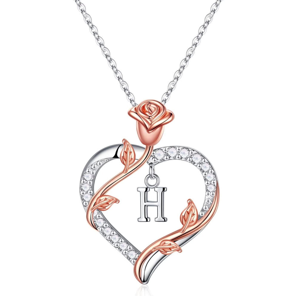 Rose Heart Necklaces for Women  Letter H Initial Necklaces Love Heart Rose Pendant Necklace I Love You Anniversary Birthday Valentines Gifts for Her G
