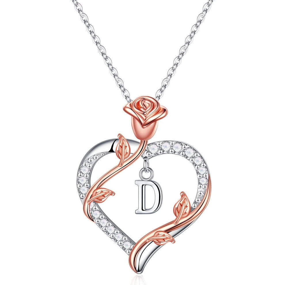 Necklace Gifts for Women Teen Girls  Letter D Initial Necklaces Rose Love Heart Pendant Necklace Christmas I Love You Anniversary Birthday Valentines